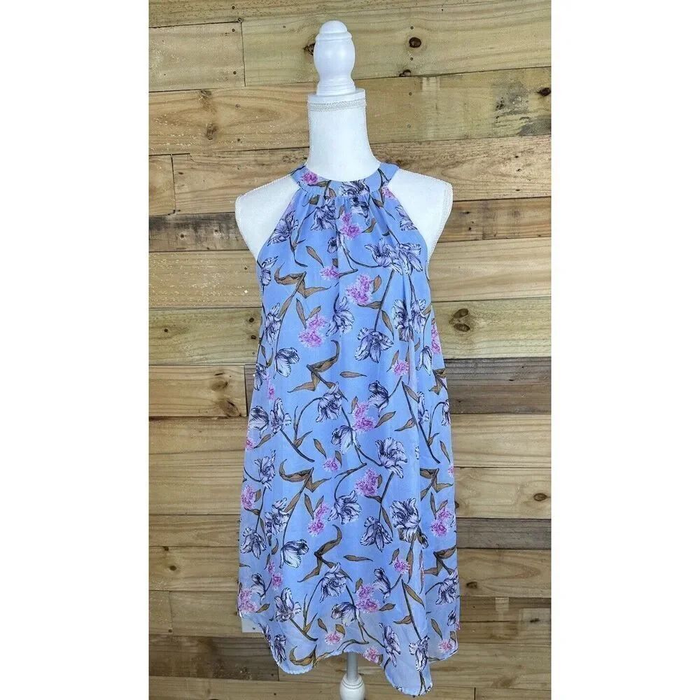 JODIFL Blue Floral Halter Dress Lined Flowy Peekaboo Back Size Small
